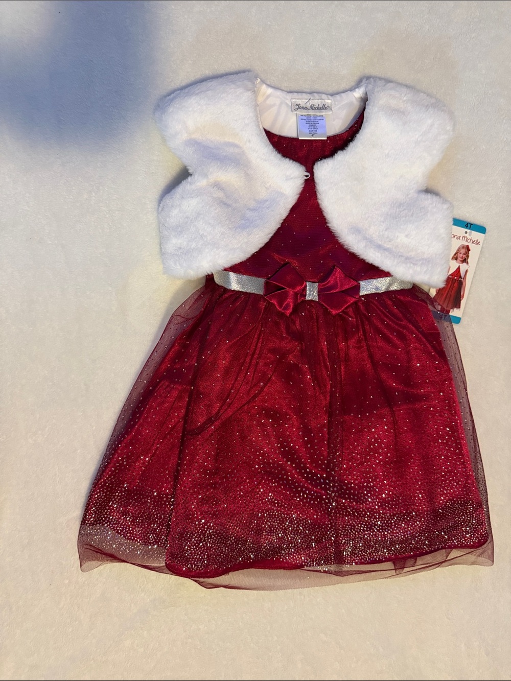 Jona Michelle Burgundy Sparkle Party Dress with White Faux Fur Shrug
